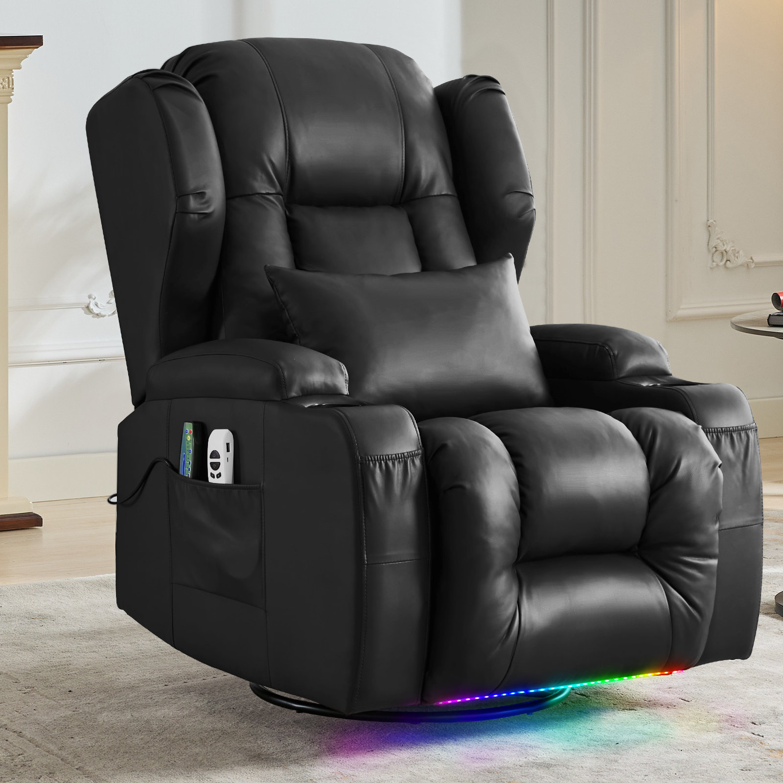 Vegan Leather Power Swivel Rocker Recliner Chair Home Theater Seating with LED Light and Cup Holder Wrought Studio Body Fabric Brown Faux Leather